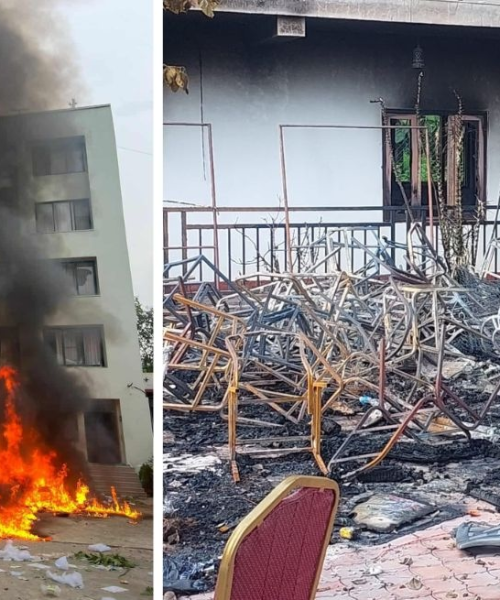 केपी ओली र कृष्णबहादुर महराको नाममा जलाइएका दाङका दुई होटल